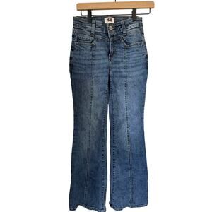 SO High Rise Flare Jeans Juniors 3 26W Front Seam 70s Boho Stretch Denim